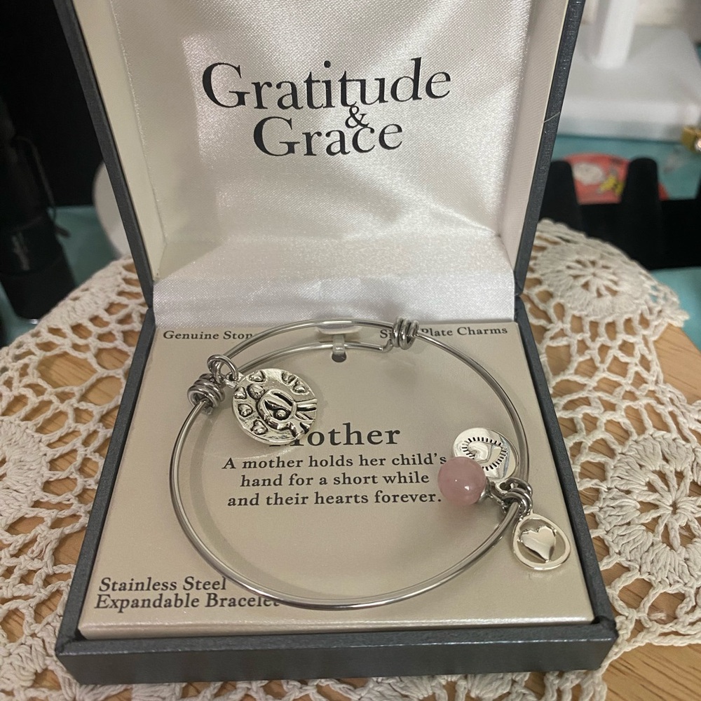 Gratitude & Grace Silver Plate “Mother” Expandable Charm Bracelet w/ Pink Stone